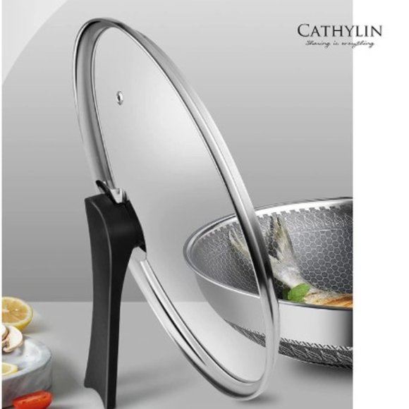 CATHYLIN:  12.5"/ 1 QT -  Nonstick Stainless Steel Wok Pan with Lid - Picture 4 of 13